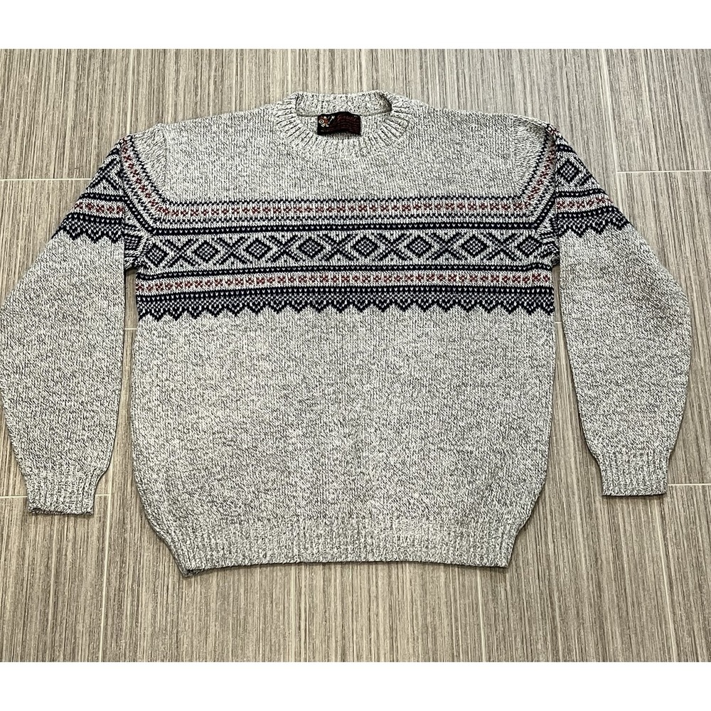 Vtg Jersild‎ Fair Isle Nordic Knit Sweater Crewneck Grey Red Black Men's XL USA